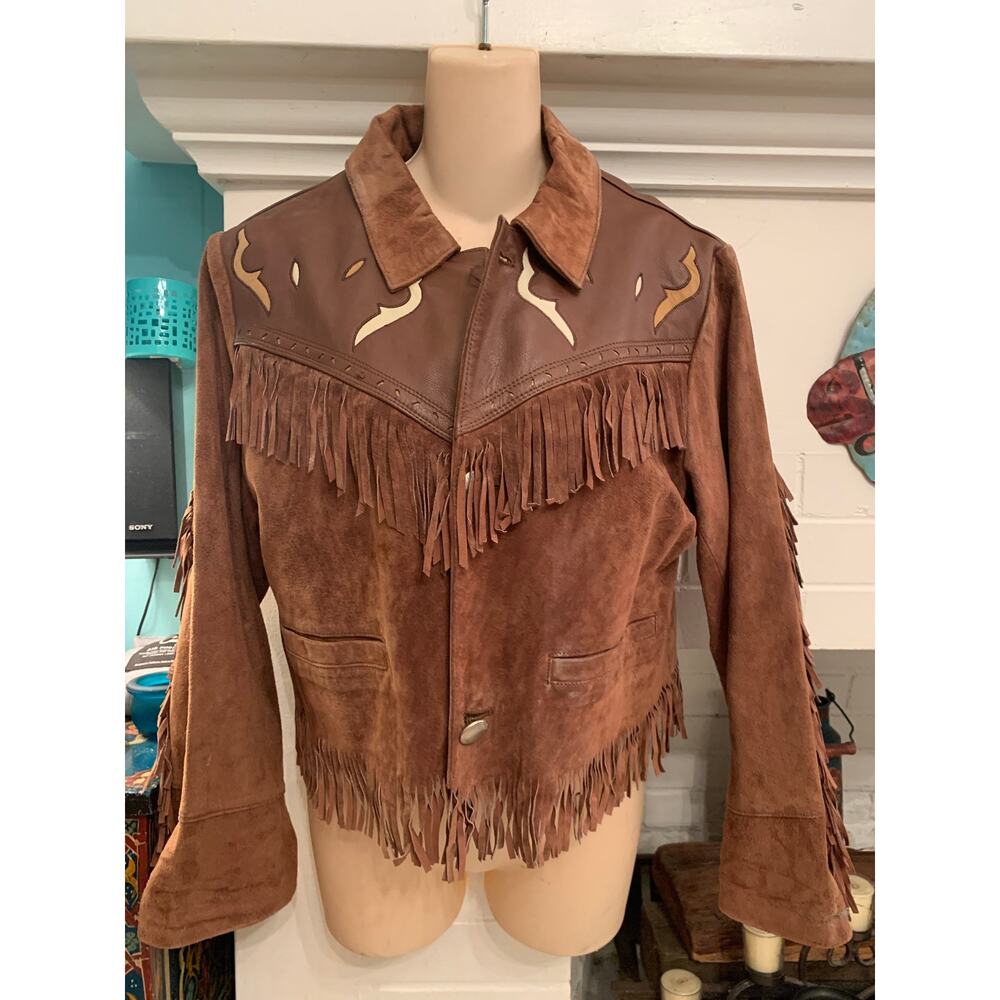 VINTAGE 80s CHEVIGNON HOPI NAVAJO NATIVE WESTERN BOHO FRINGED SUEDE JACKET M